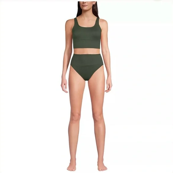 Land end High-Waist Ribbed Olive Green Tank Bikini Set - Picture 3 of 6